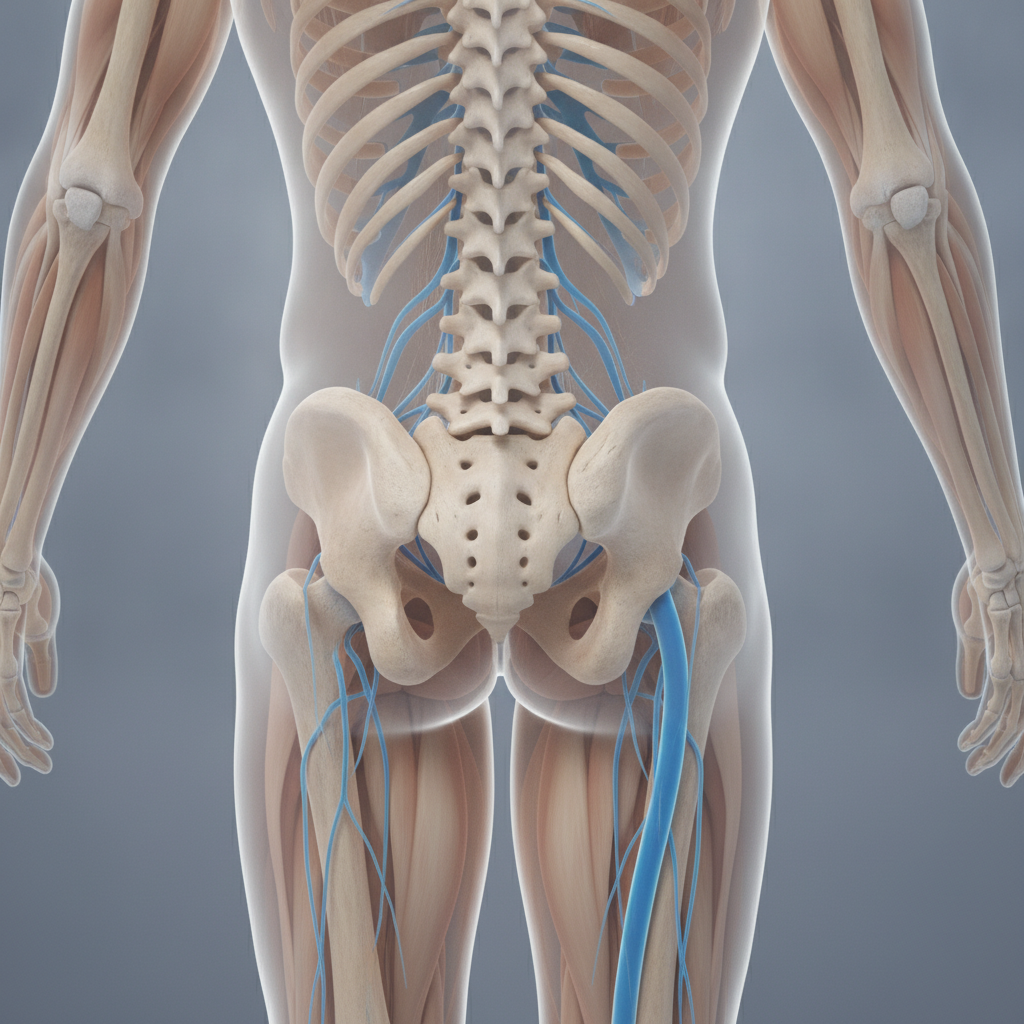 sciatica image focusing on body from the rear, highlighting the spine, pelvis, and the large sciatic nerve